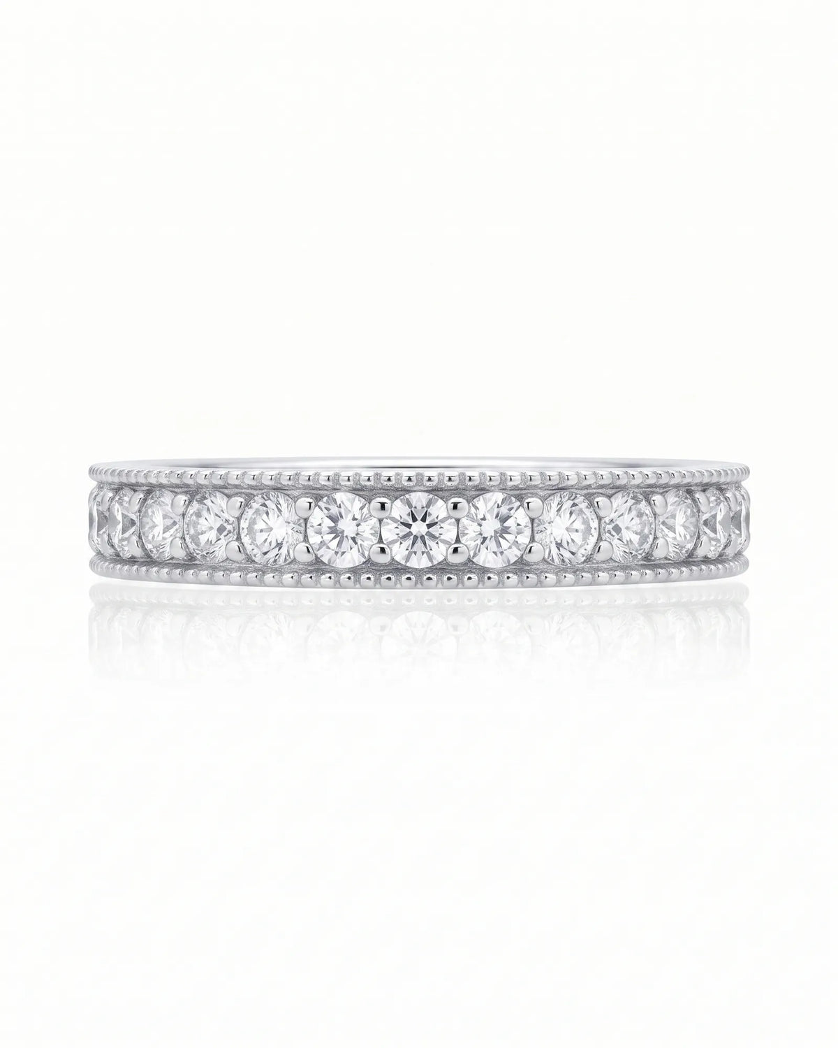 Platinum milgrain diamond wedding band, detail view | SARATTI