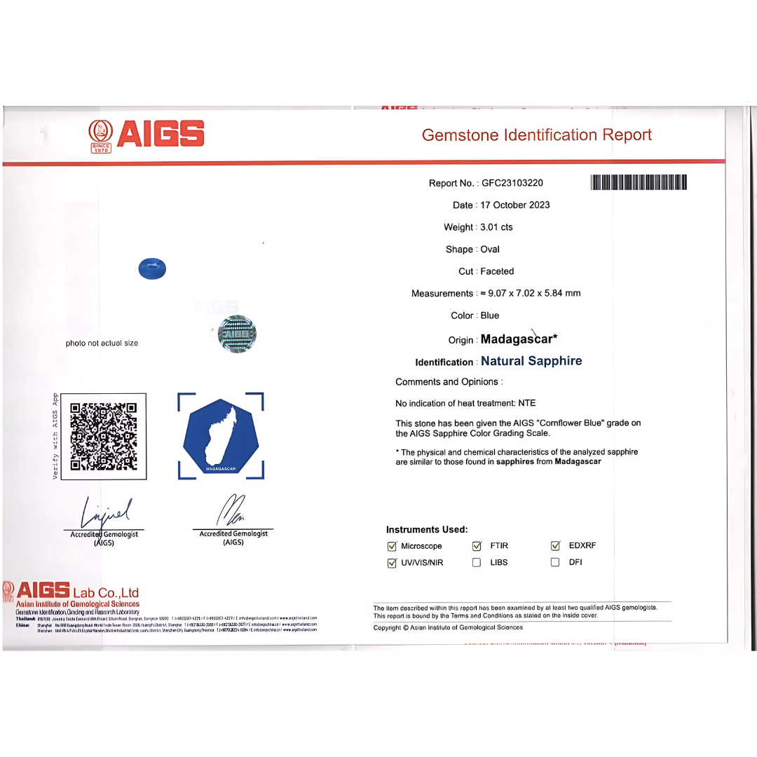 AIGS Certificate for 3.01 cts Sapphire Gemstone | Saratti