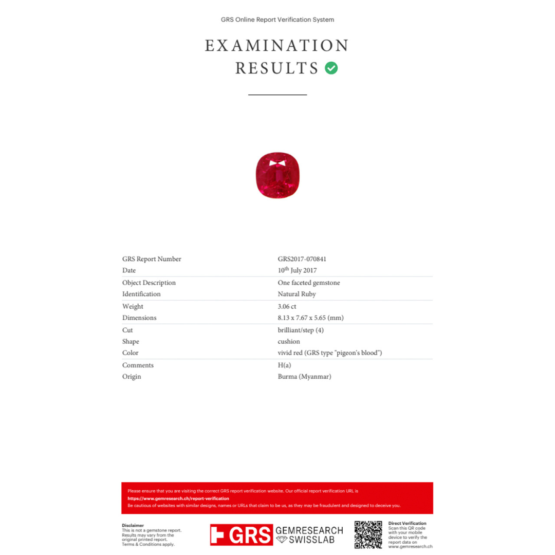 GRS Certificate for Unheated Pigeon Blood Red Natural Ruby Gemstone | Saratti