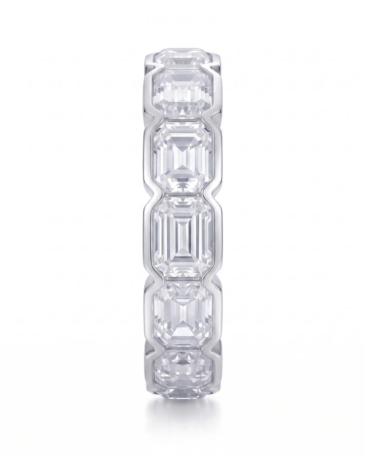 Emerald-cut diamond eternity band with bezel settings, angled view 2 | SARATTI