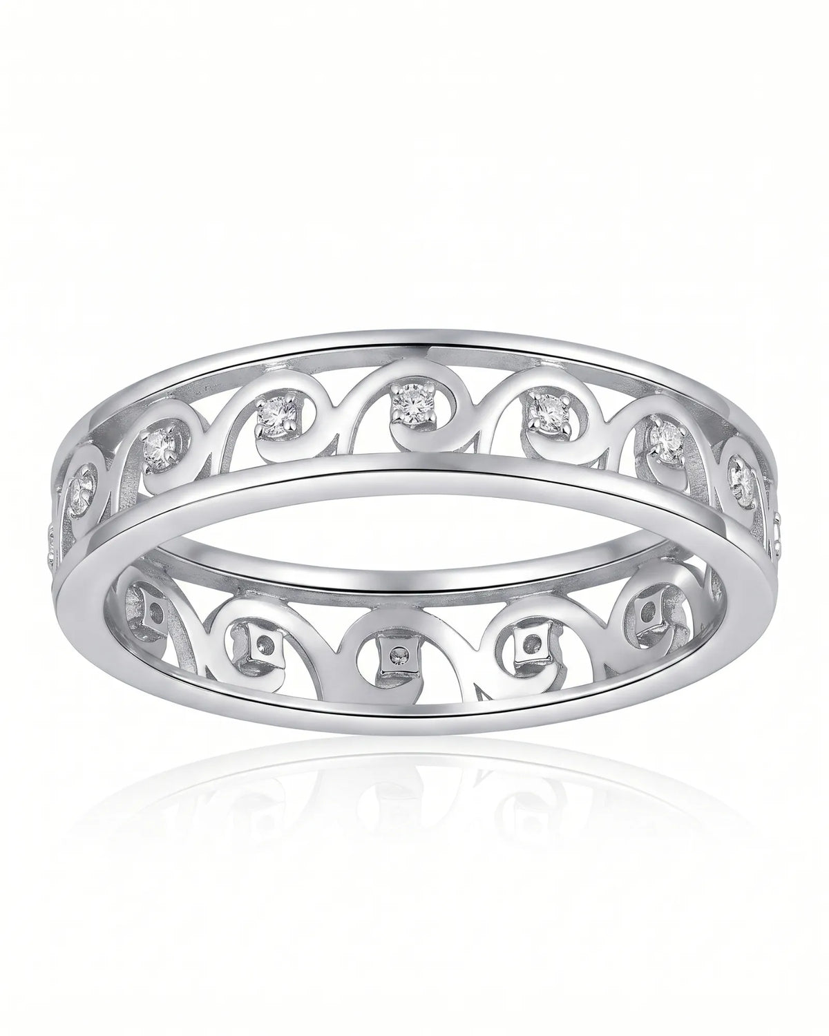 Art Nouveau wedding ring showing the repeating diamond-set scroll motif | SARATTI
