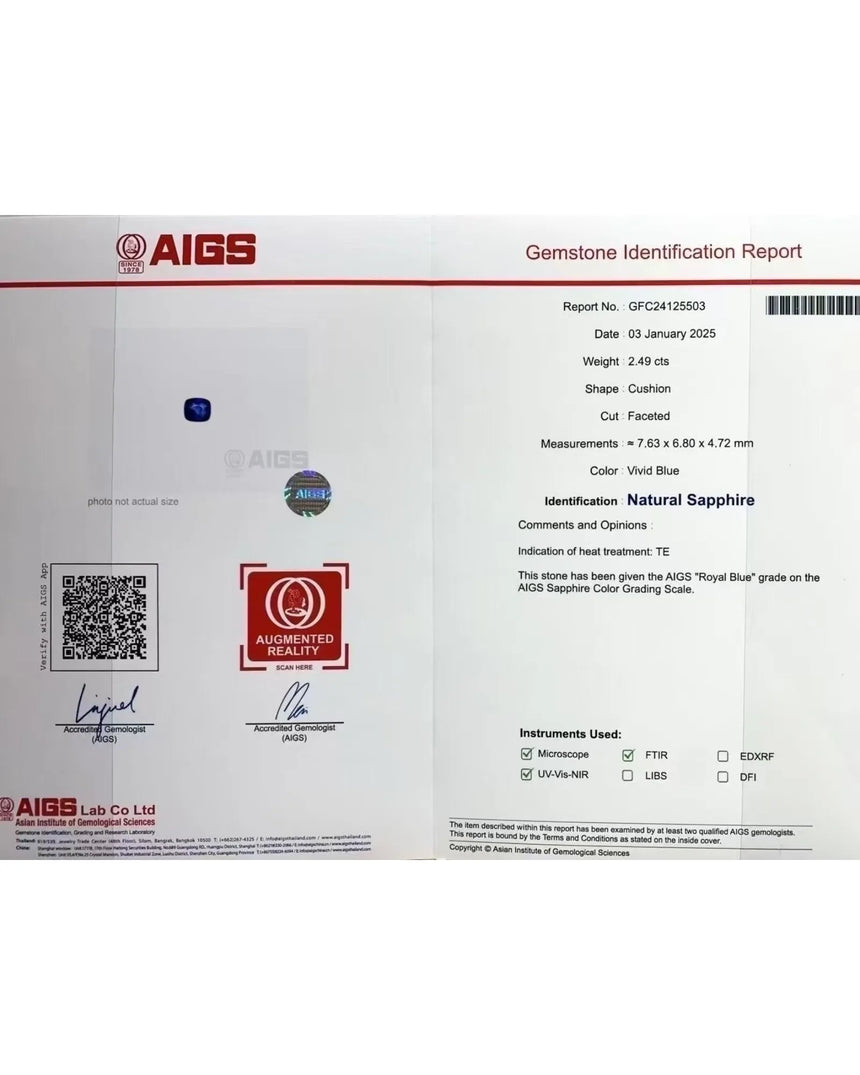 AIGS certified 2.49ct Natural Royal Blue Sapphire loose Cushion gemstone | SARATTI