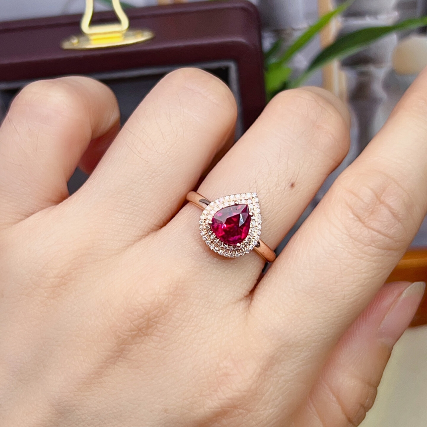 Red Tourmaline Pear Cut Ring in Rose Gold