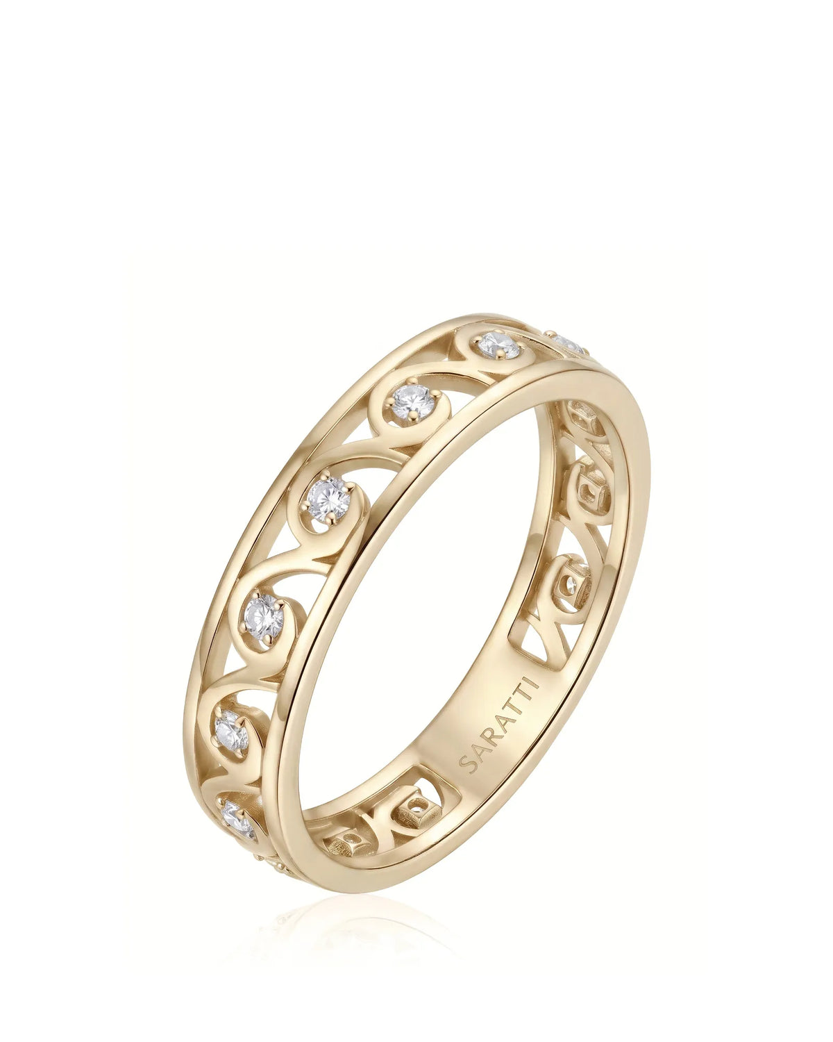 Art Nouveau diamond wedding band with sculpted scroll motifs and round brilliant diamonds | SARATTI