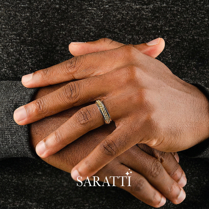 6mm cuban link chain ring yellow gold links white gold band | SARATTI