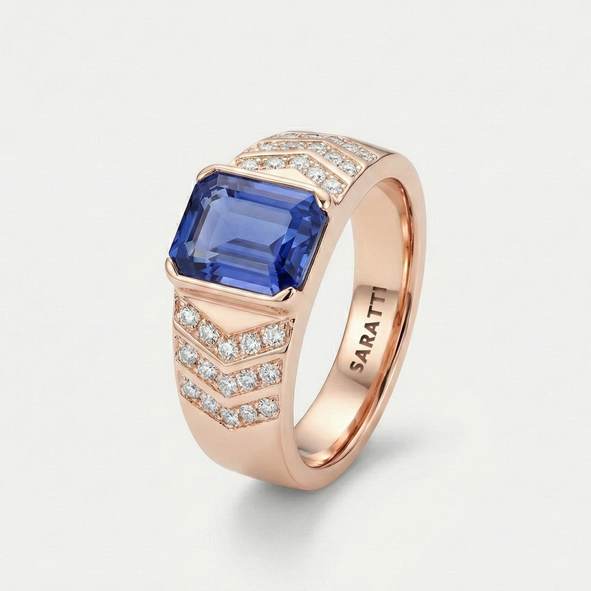 Mens ring with tanzanite and diamonds luxury statement ring in 18K rose gold | SARATTI