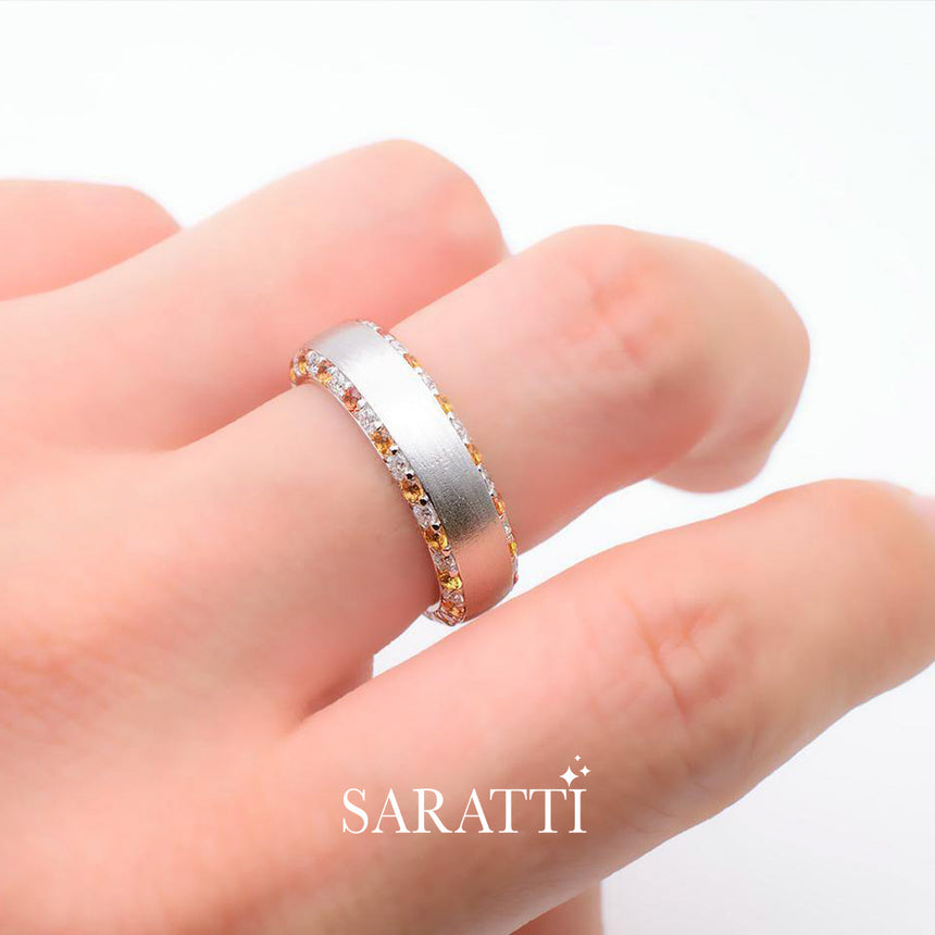 Mens sapphire wedding band worn on hand in 18K white gold | SARATTI