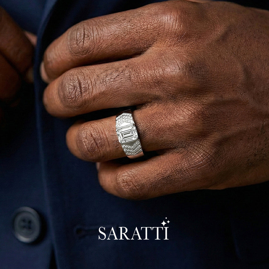 Emerald cut diamond wedding band worn on hand in 18K white gold | SARATTI