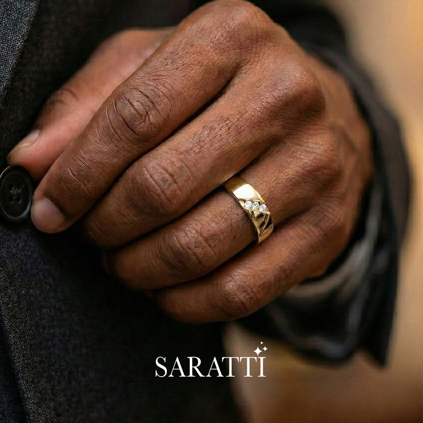 4mm mens wedding band handcrafted tension set diamond ring in 18K yellow gold | SARATTI
