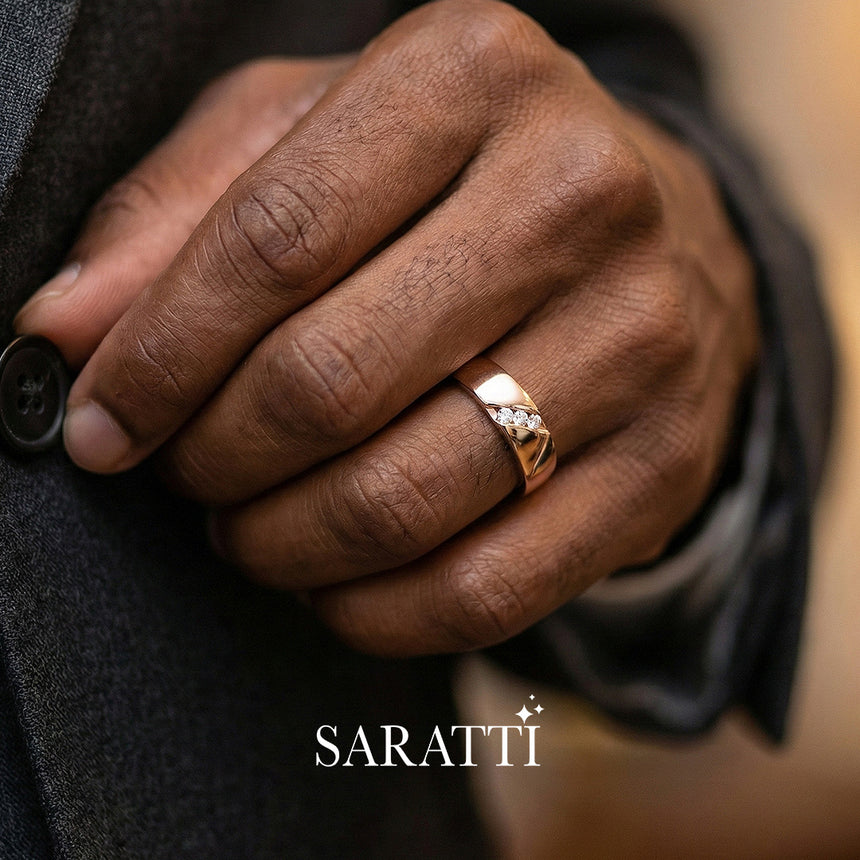 4mm mens wedding band handcrafted tension set diamond ring in 18K rose gold | SARATTI