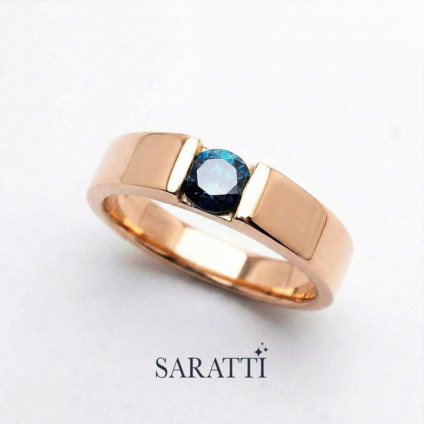 Blue mens wedding band handcrafted round blue diamond ring in 18K rose gold | SARATTI