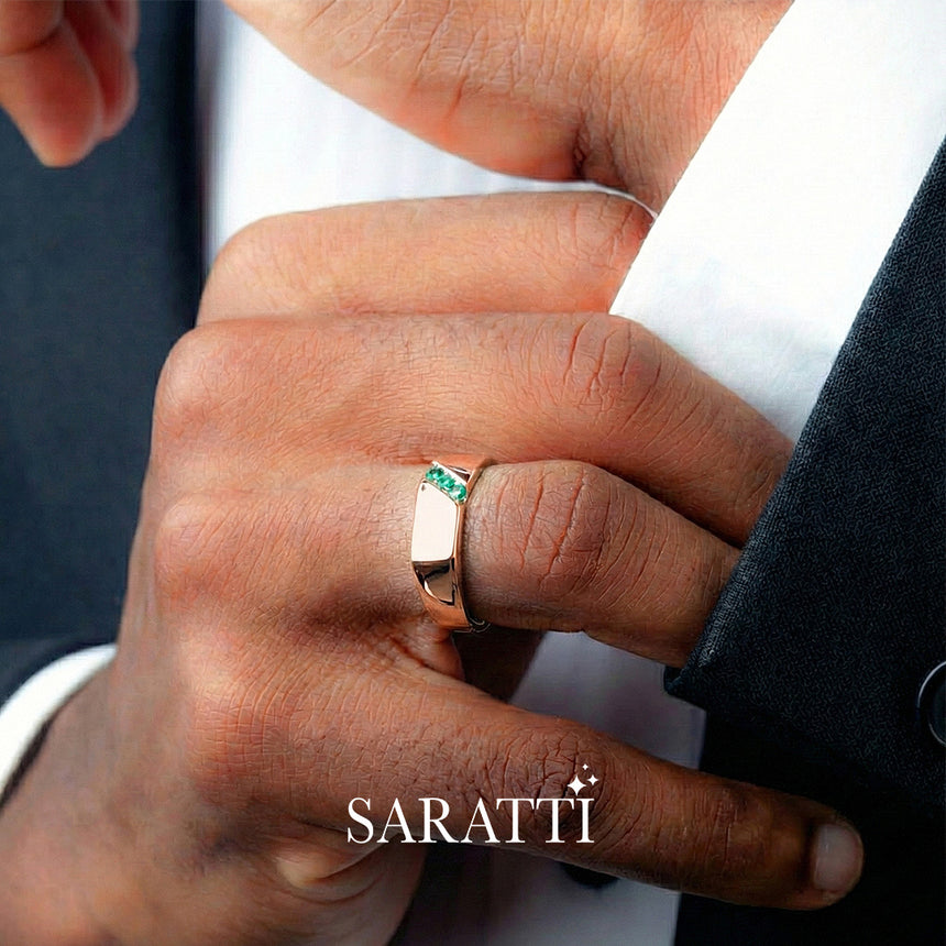 Mens emerald ring handcrafted three stone emerald wedding band in 18K rose gold | SARATTI
