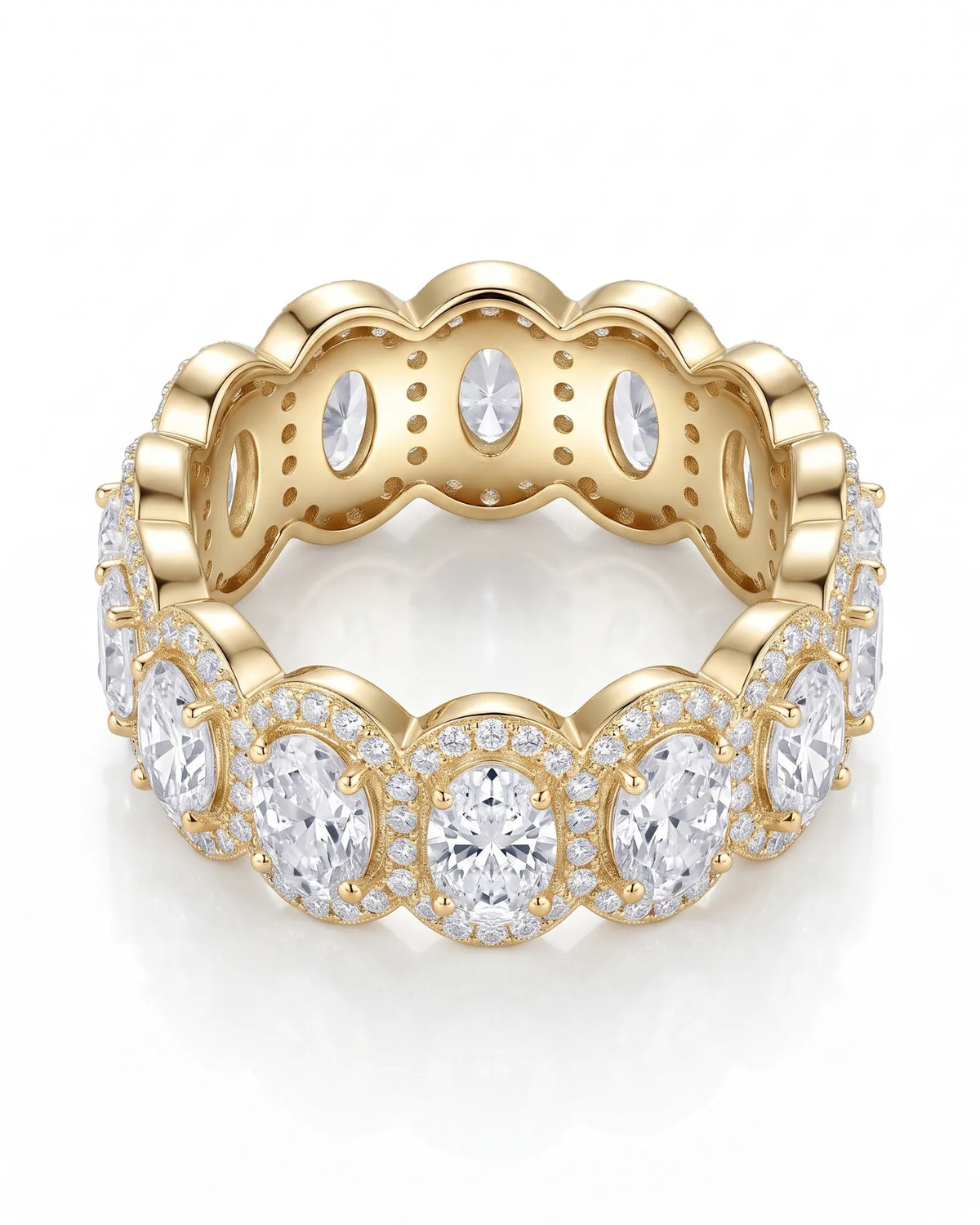 Oval halo diamond eternity wedding band, angled view 1 | SARATTI