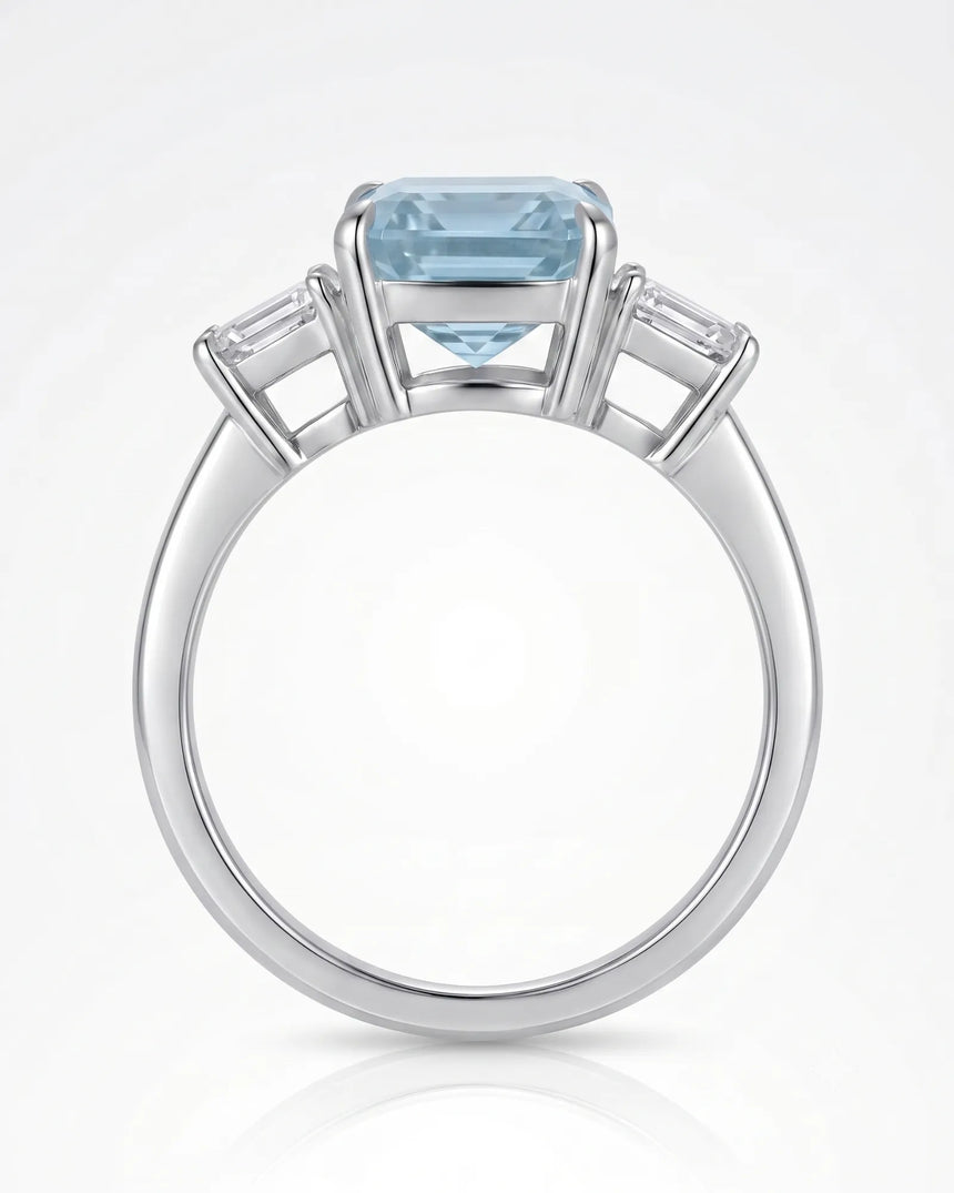 Three stone emerald cut Aquamarine ring setting in 18K White Gold, detailed profile view | SARATTI