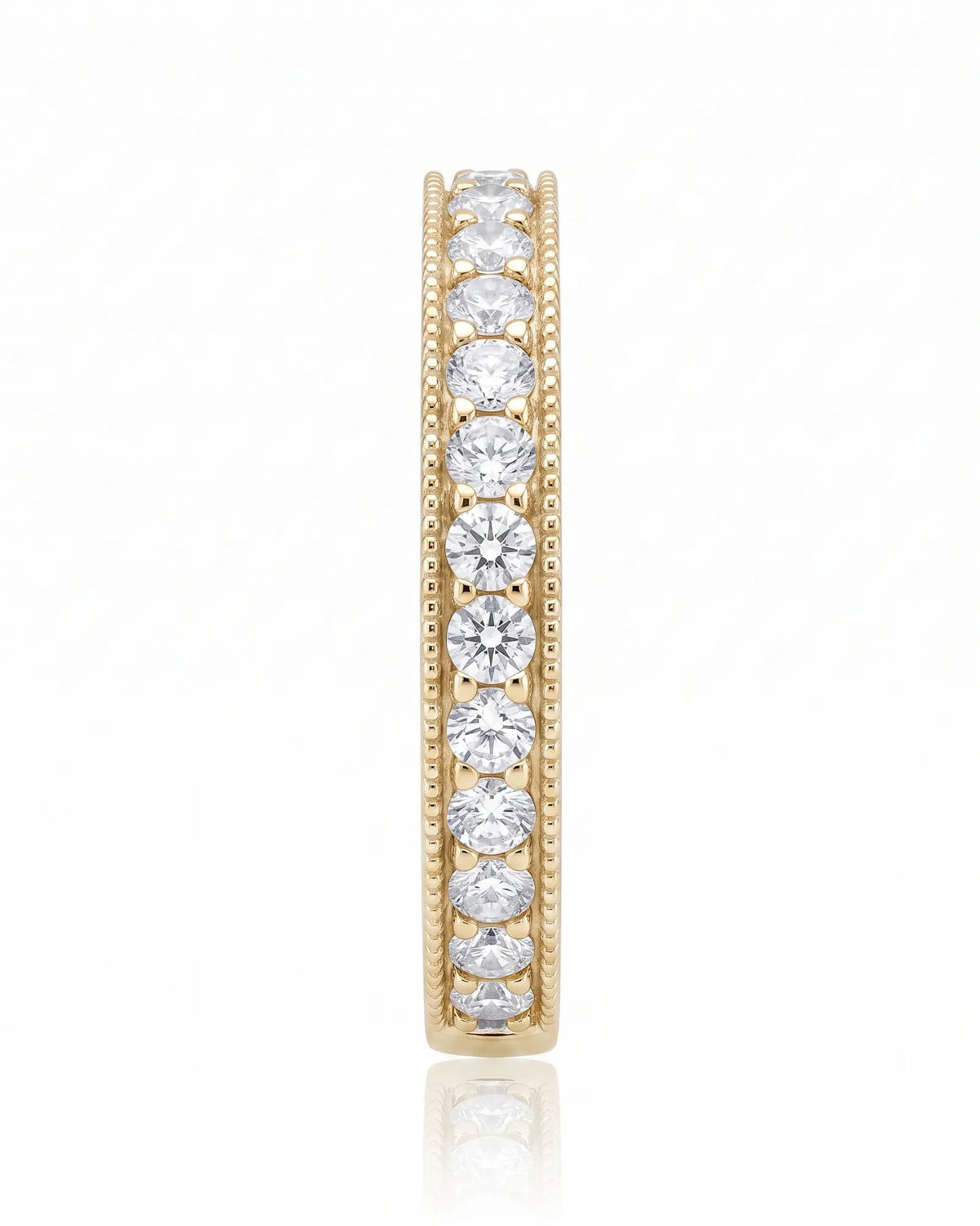18K yellow gold milgrain diamond wedding band, studio angle | SARATTI
