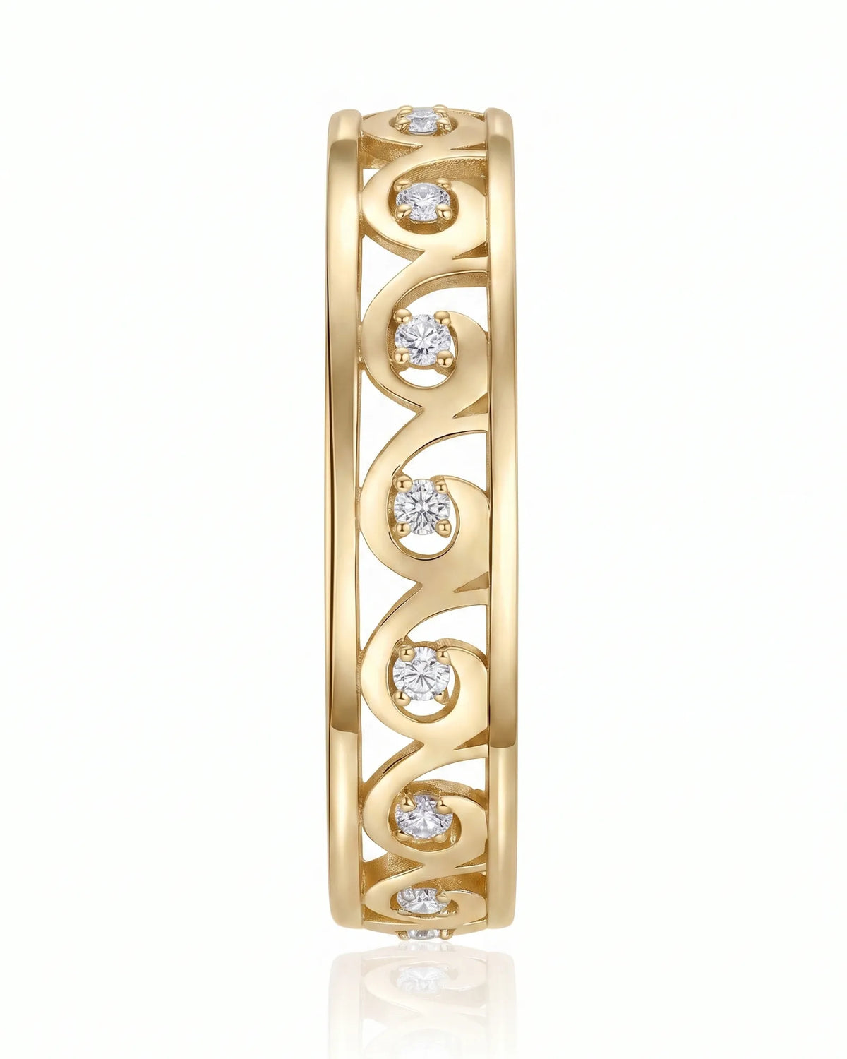 Art Nouveau wedding band with round diamonds set within open curved motifs | SARATTI