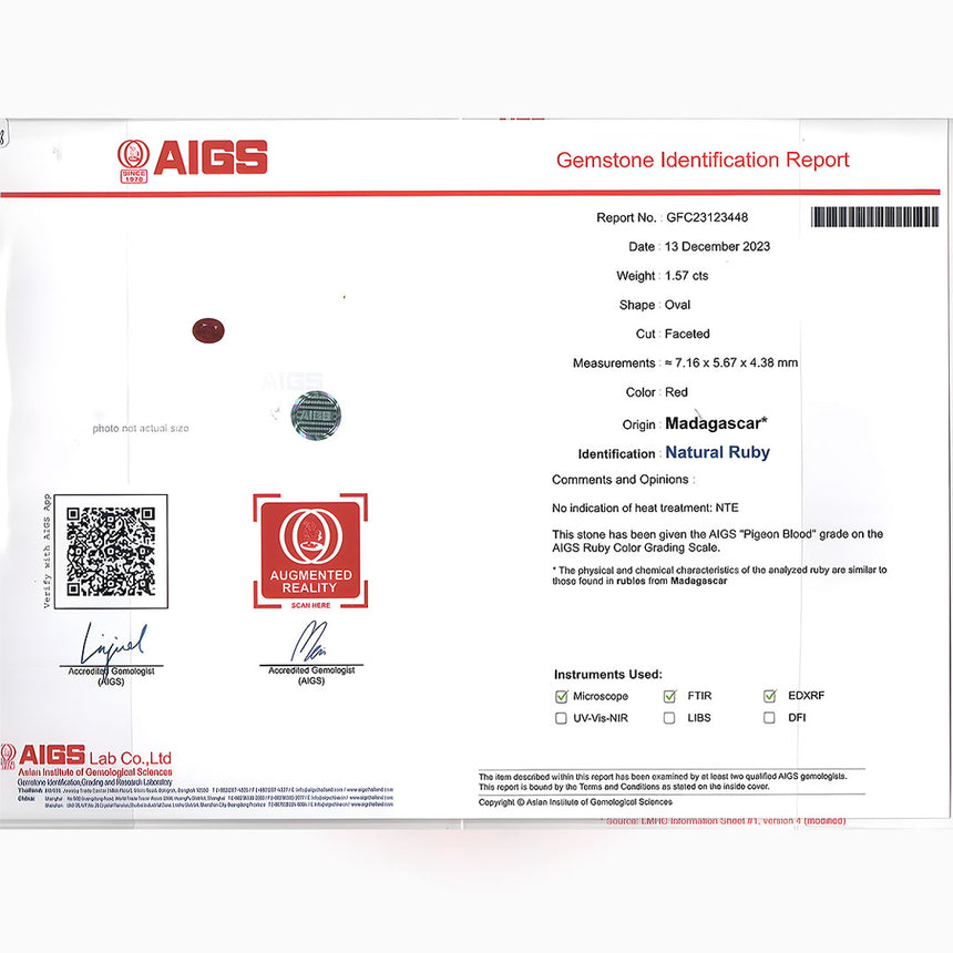 1.57 carats Oval Faceted Natural Pigeon Blood Red or Vivid Red Color Ruby Stone | Saratti Jewelry