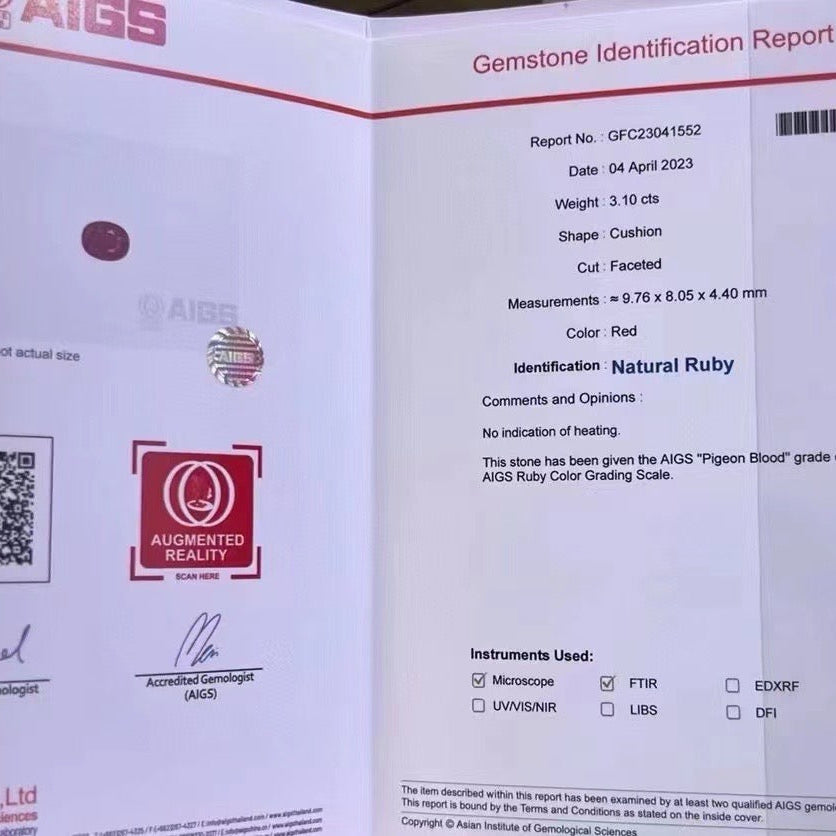 3.10-carat AIGS certified Pigeon Blood Red Natural Ruby Gemstone | Unheated