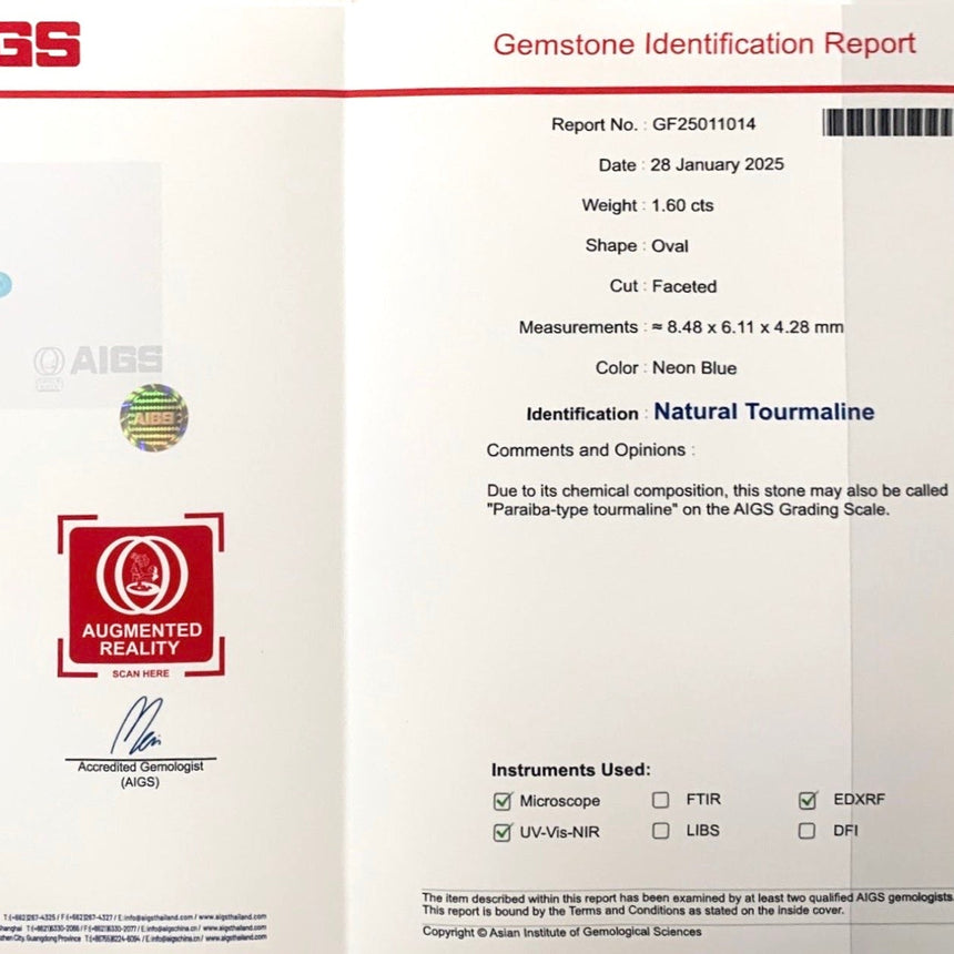 1.60cts Neon-Blue Oval Paraiba Tourmaline | AIGS Certified