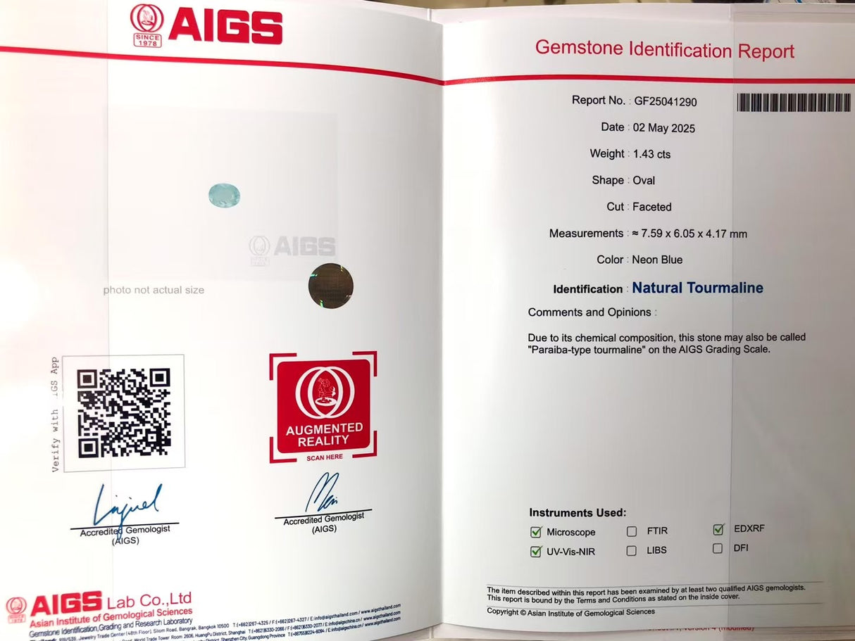 AIGS Certified Paraiba Tourmaline Certificate-SARATTI