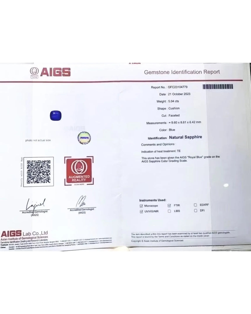 AIGS certified 5.04ct Natural Royal Blue Sapphire loose Cushion | SARATTI