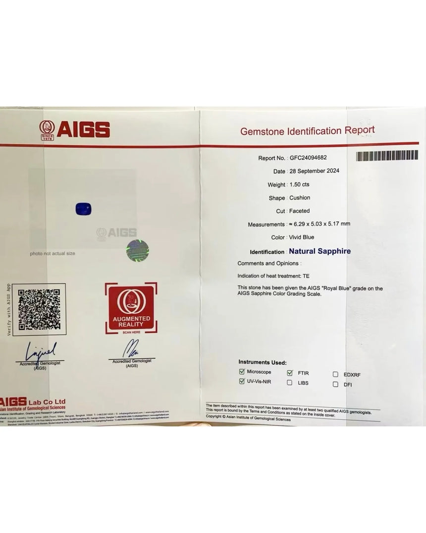 AIGS report for 1.50ct Natural Royal Blue Sapphire Cushion gemstone | SARATTI