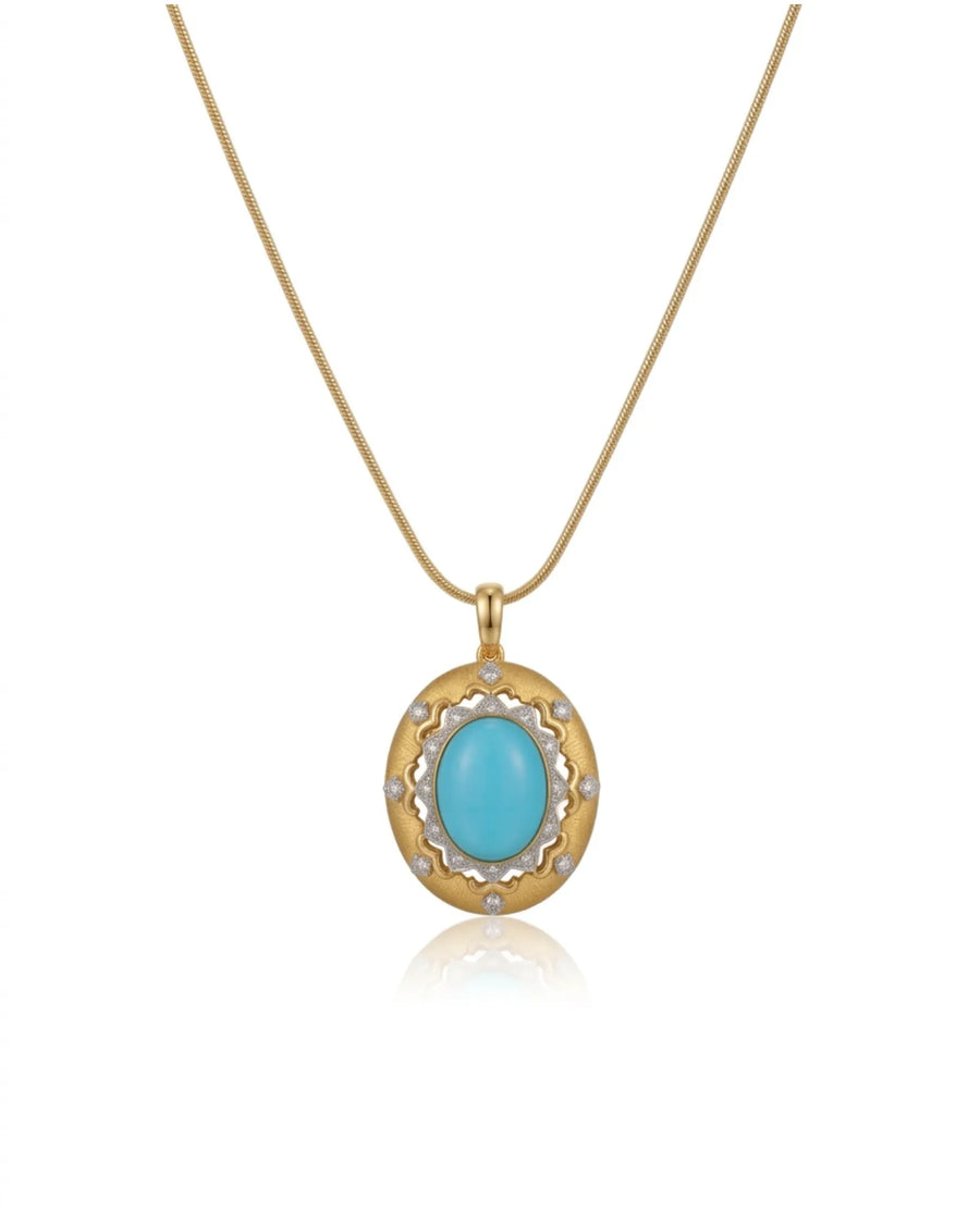 AURELIA Sleeping Beauty turquoise pendant necklace with oval blue gemstone, diamonds and textured 18K gold frame | SARATTI