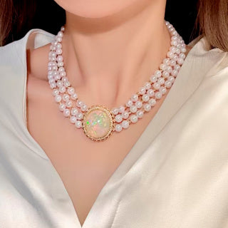 Aurora's Treasure - Triple Strand Akoya Pearl & Opal Statement Necklace