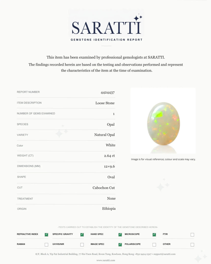 Alternate angle of 2.64ct Natural White Opal with bright fire - SARATTI