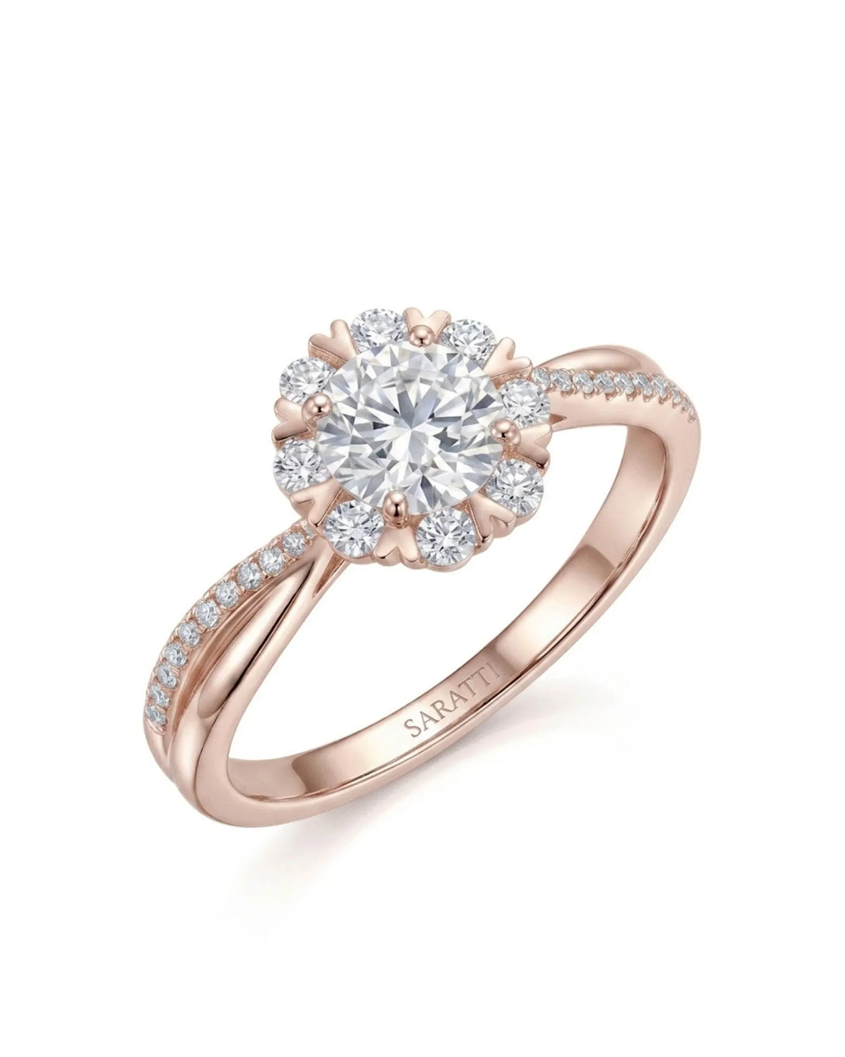 Amande halo twisted shank diamond engagement ring 45-degree view in 18K rose gold | SARATTI