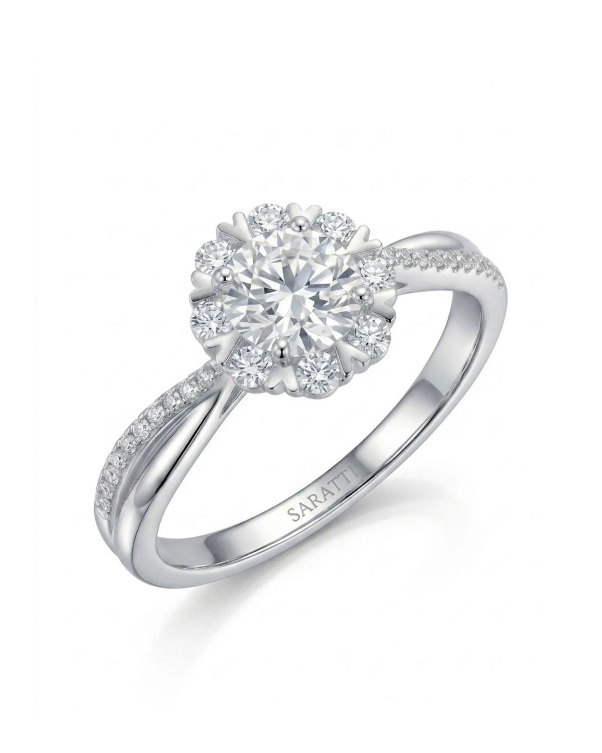 Amande halo twisted shank diamond engagement ring 45-degree view in Platinum | SARATTI