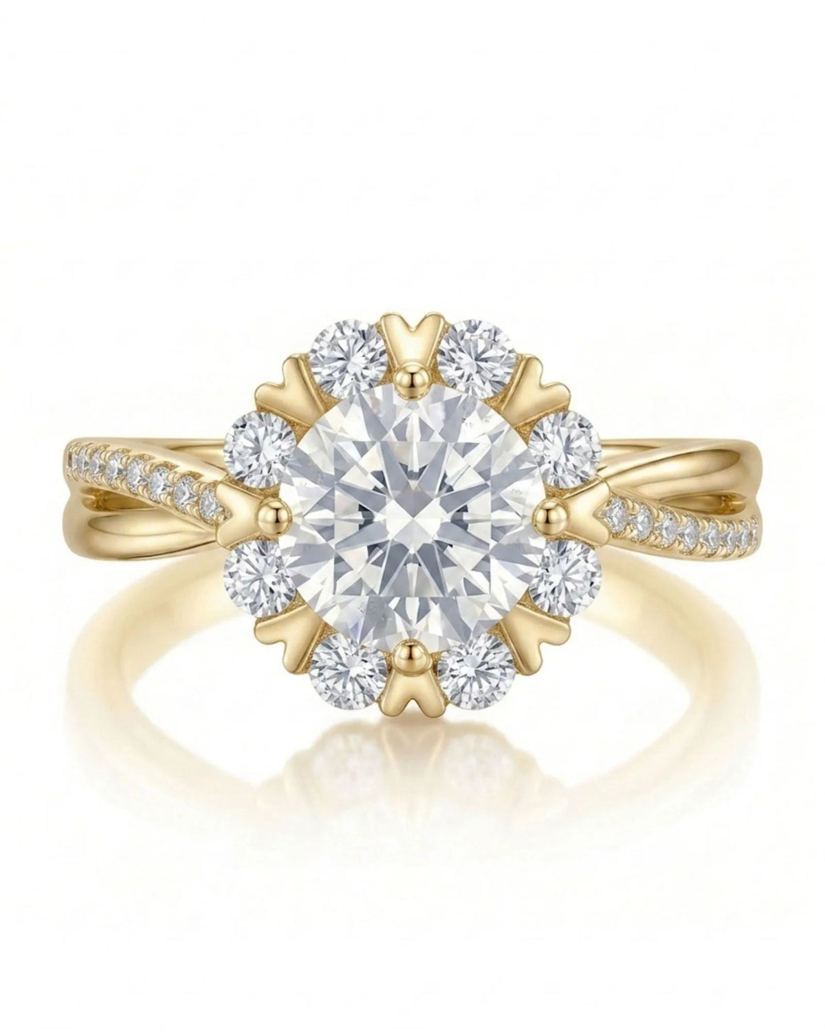 Amande halo twisted shank diamond engagement ring worn on hand in 18K yellow gold | SARATTI
