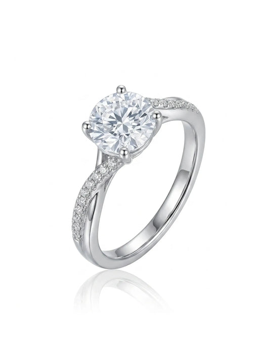 Amira natural diamond ring with round brilliant center and pavé split shank in 18K white gold | SARATTI