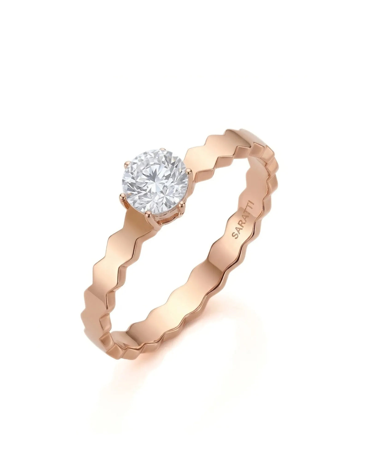 Anima Gemella natural round diamond engagement ring 45-degree view with sculpted geometric band in 18K rose gold | SARATTI