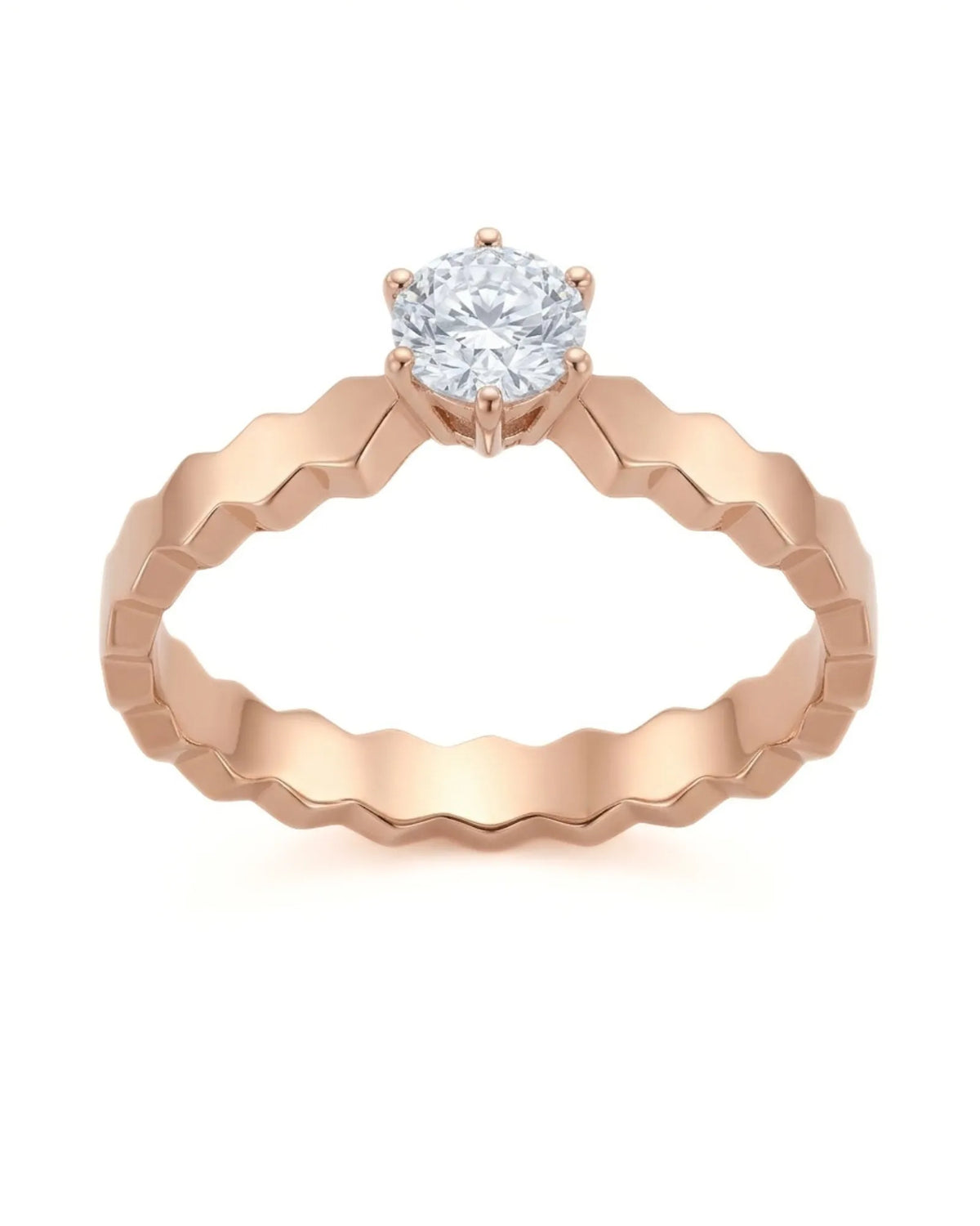 Anima Gemella natural round diamond engagement ring top view with faceted geometric band in 18K rose gold | SARATTI