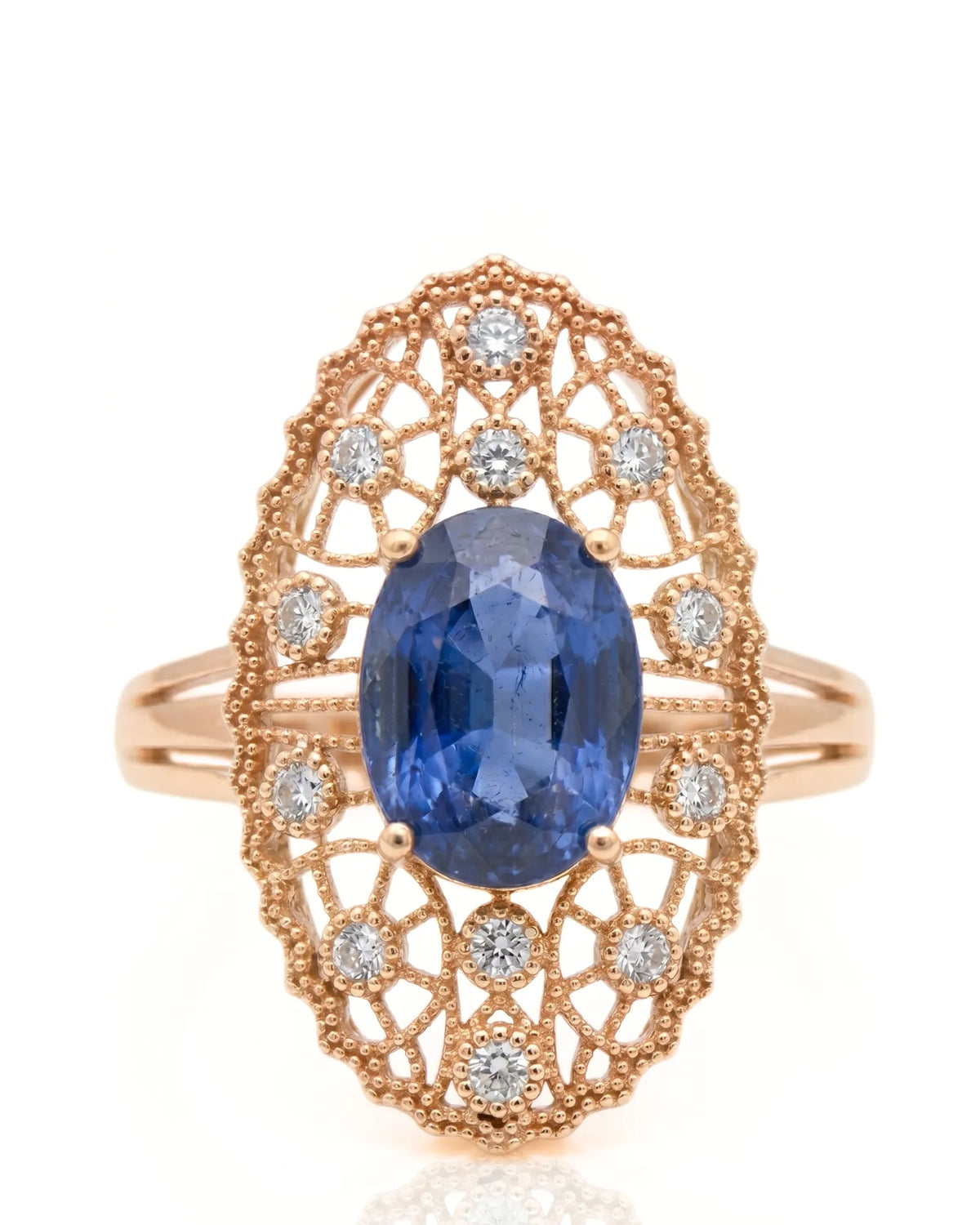 Antique-inspired sapphire ring with openwork diamond halo in romantic rose gold - SARATTI