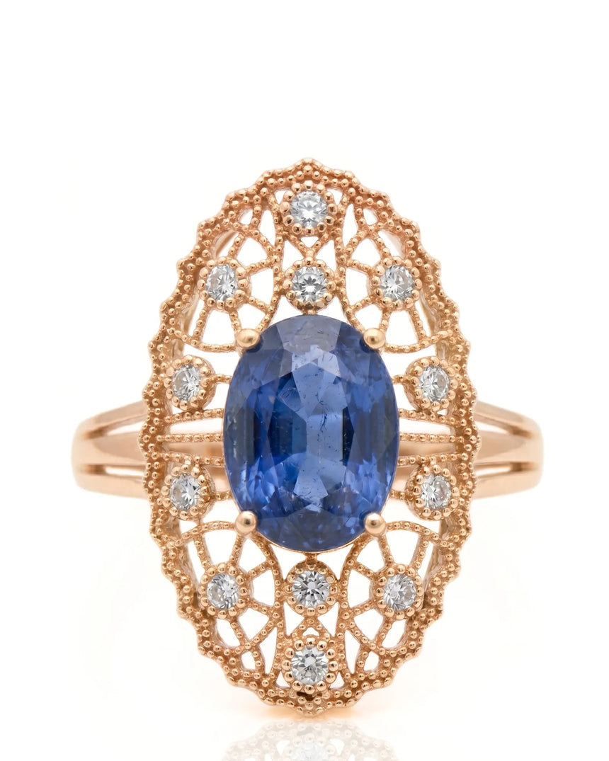 Antique-inspired sapphire ring with openwork diamond halo in romantic rose gold - SARATTI