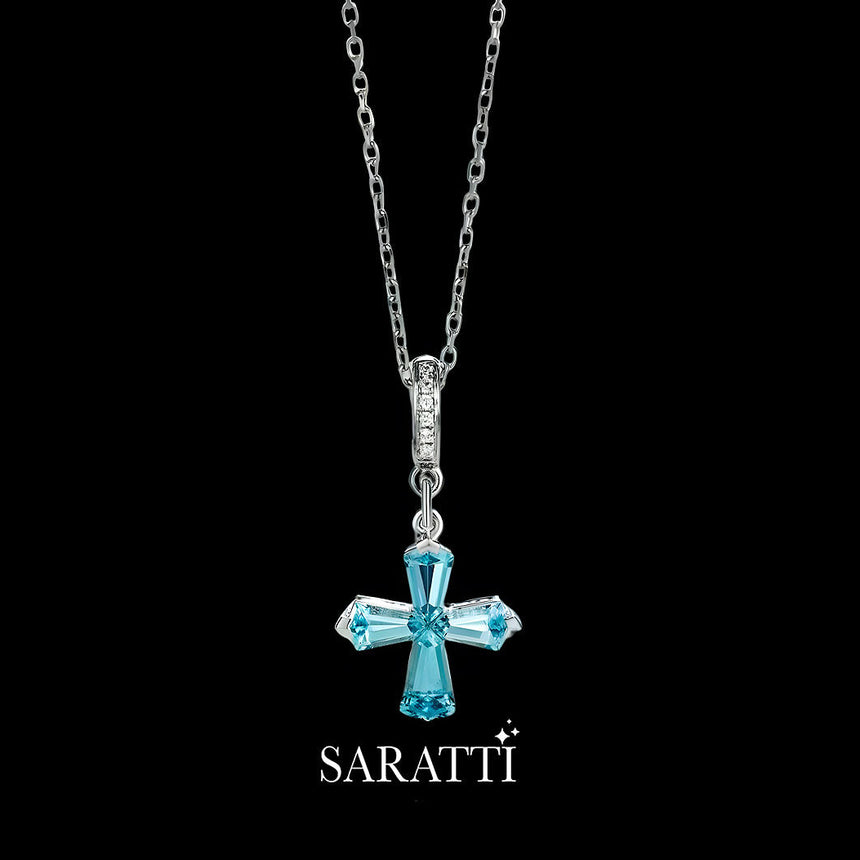 Aquamarine Cross Necklace in 18K White Gold | Saratti Jewelry