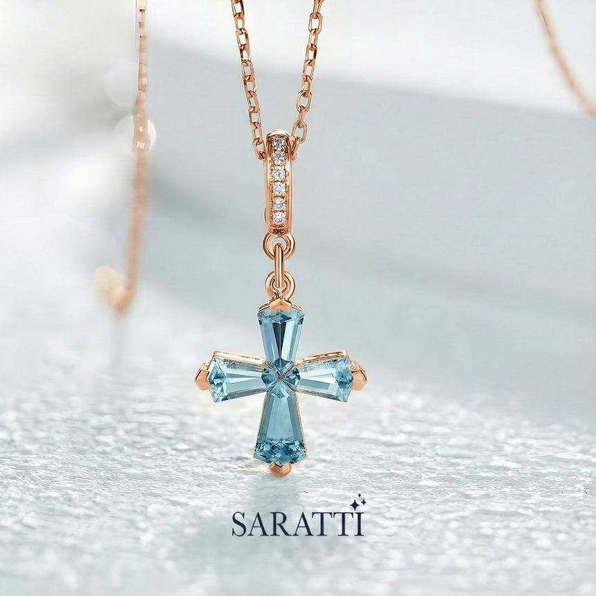 Aquamarine Cross Pendant in Rose Gold with VVS clarity gems - SARATTI
