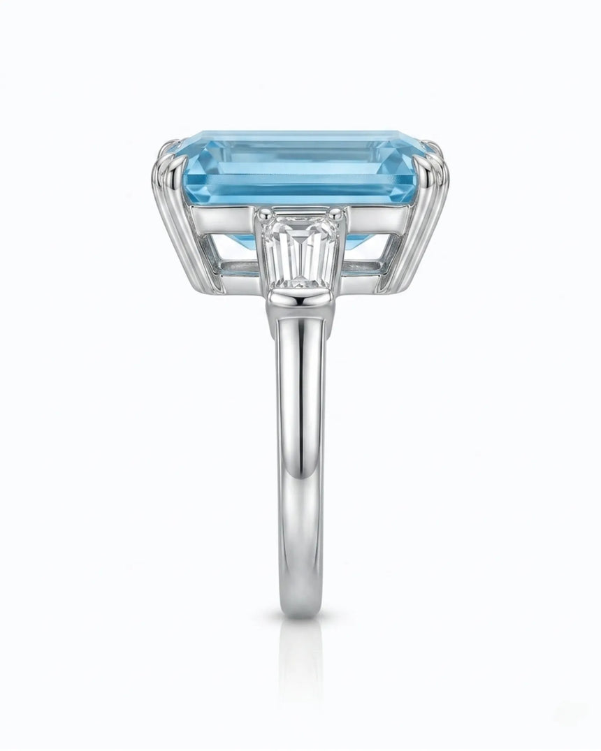 Aquamarine and diamond engagement ring with three stone design in 18K white gold | SARATTI