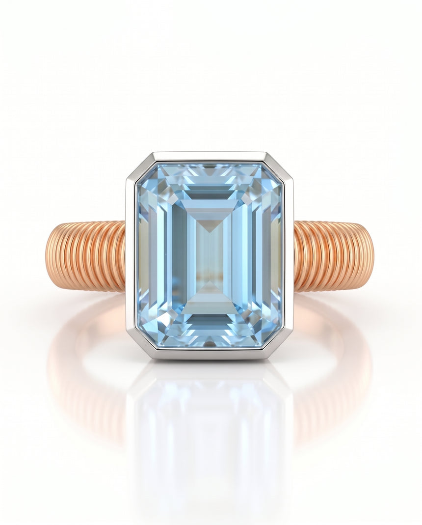 Aquamarine solitaire engagement ring for romantic modern proposals in 18K Rose Gold | SARATTI