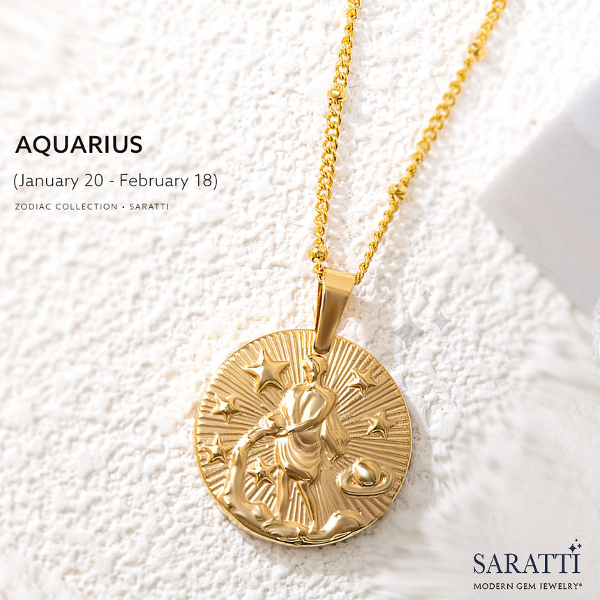 Aquarius Zodiac Necklace in 18K Gold | Saratti