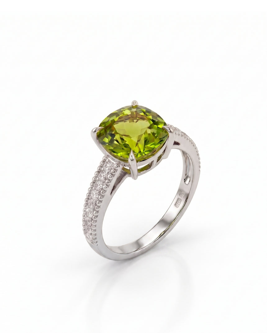 Arcadia cushion green tourmaline ring with diamond shoulders in timeless Platinum | SARATTI