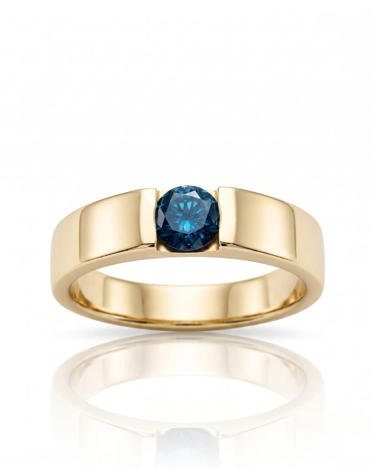 Architectural blue diamond ring featuring a sculpted wide band and clean 18K yellow gold surfaces | SARATTI