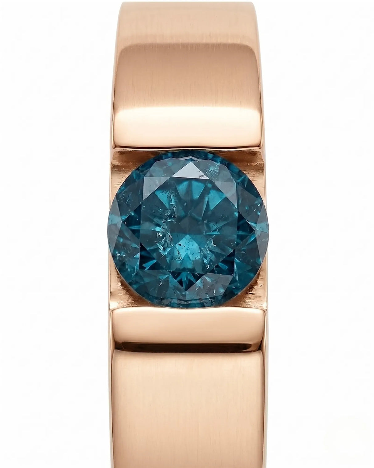 Architectural blue diamond ring with sculpted shoulders and minimalist wide band in 18K rose gold | SARATTI