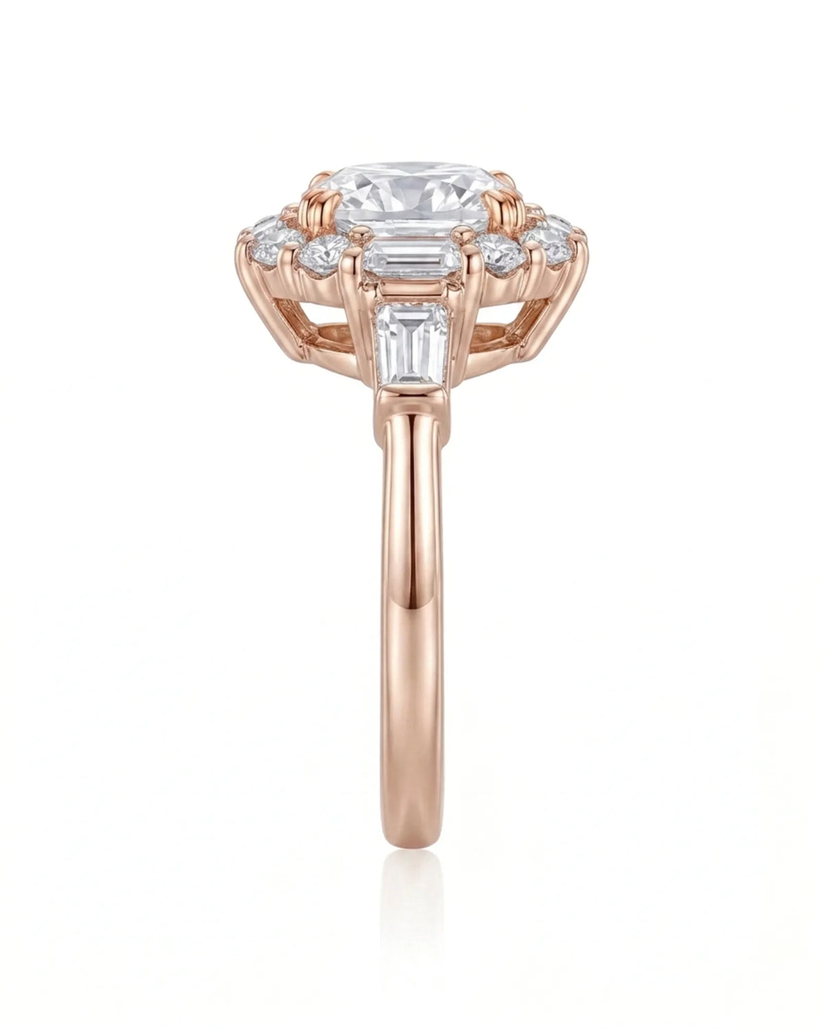 Architectural cushion moissanite ring with structured halo and tapered baguette shoulders in rose gold | SARATTI