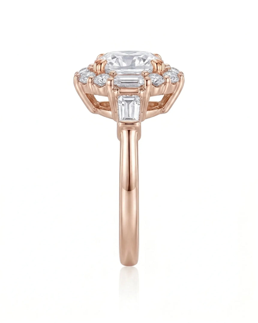 Architectural cushion moissanite ring with structured halo and tapered baguette shoulders in rose gold | SARATTI