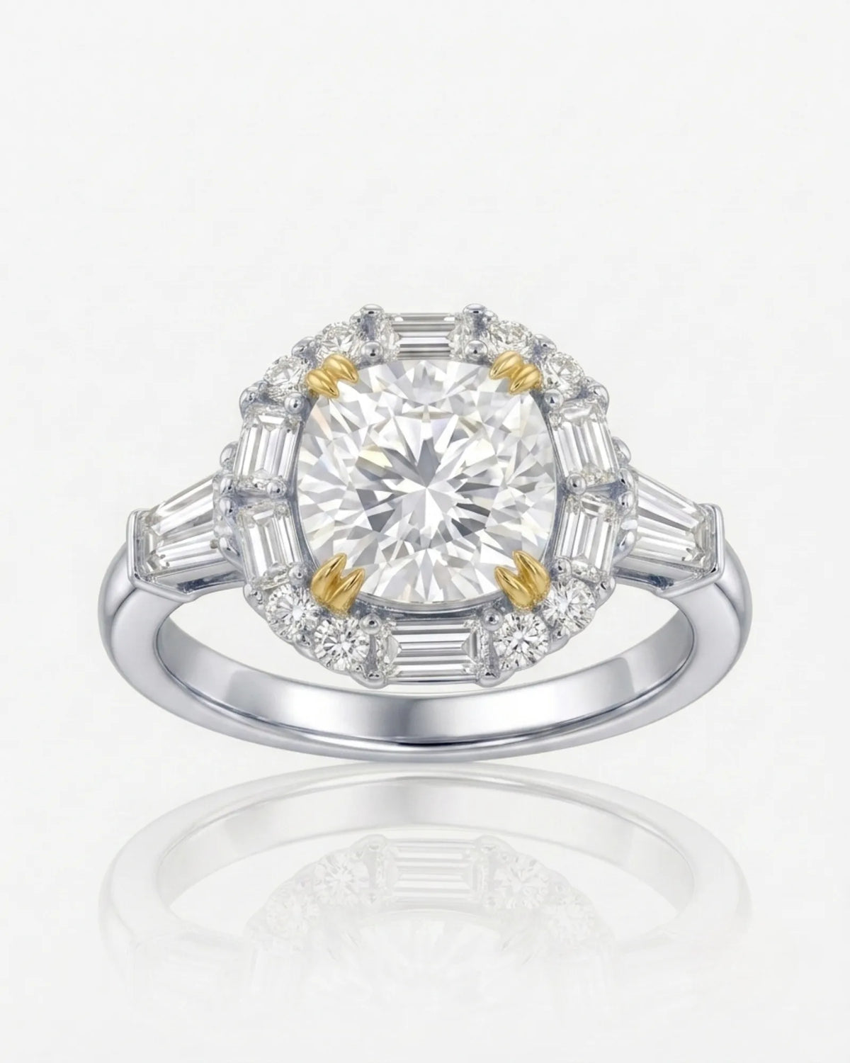 Architectural cushion moissanite ring with structured halo and tapered baguette shoulders in two tone | SARATTI