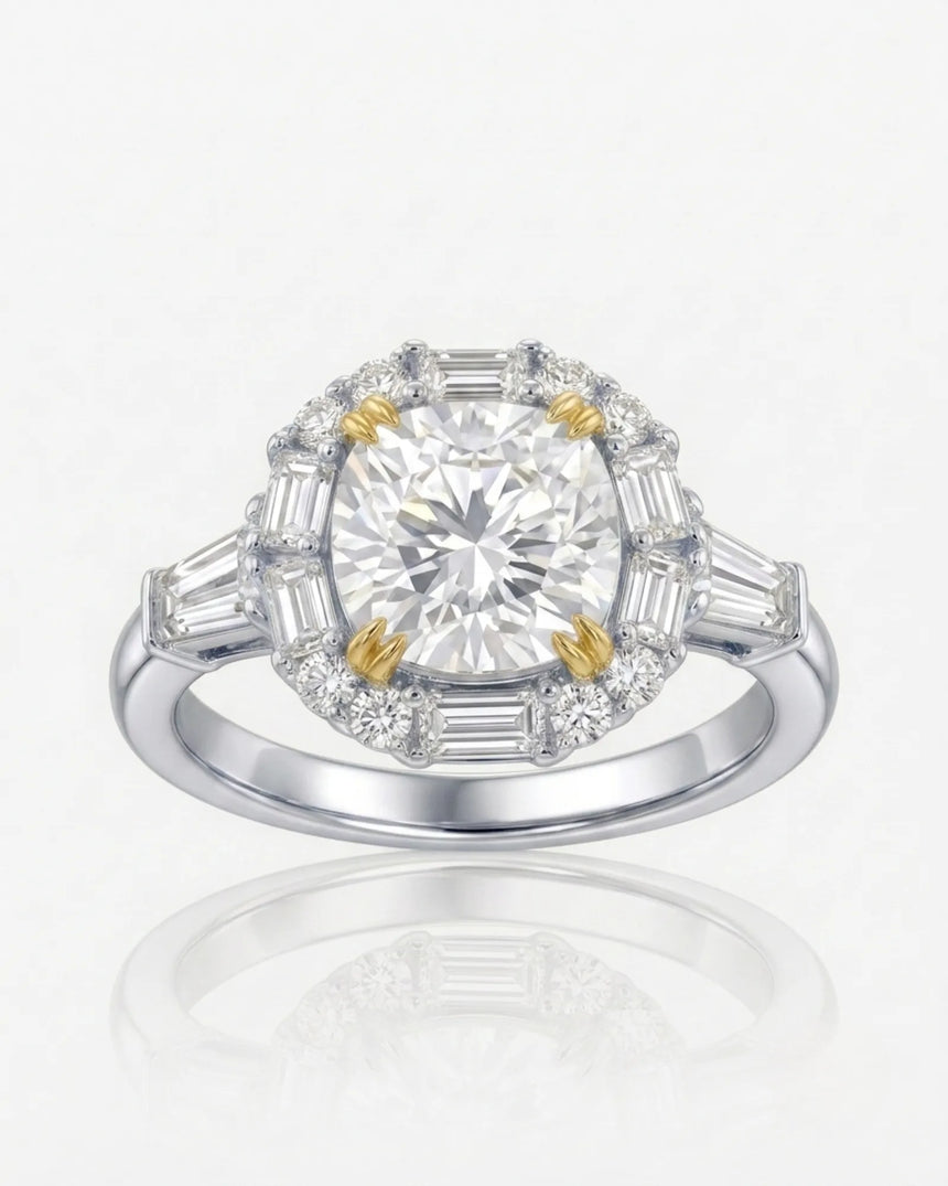 Architectural cushion moissanite ring with structured halo and tapered baguette shoulders in two tone | SARATTI