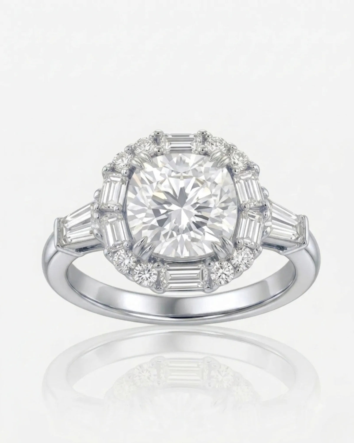 Architectural cushion moissanite ring with structured halo and tapered baguette shoulders in white gold | SARATTI
